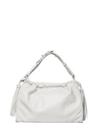 Borsa in pelle bianca con un design arricciato, manico superiore e dettagli con frange. Texture liscia, forma morbida e dettagli hardware sottili.