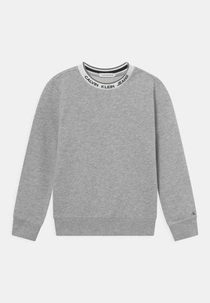 Grauer Sweatshirt mit langen Ärmeln, geripptem Rundhalsausschnitt mit schwarzem Logo-Schriftzug und Bündchen. Weicher Baumwollmischstoff. Klassischer Schnitt.