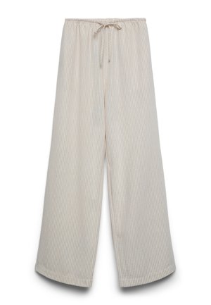 Pantaloni beige a gamba larga con sottili righe verticali bianche, vita elasticizzata e coulisse intrecciata frontale.