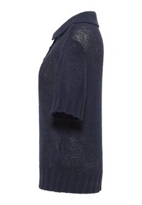 Navy short-sleeve knitted sweater, featuring a textured loose weave, a ribbed hem, and a pointed collar.