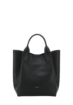 Sac fourre-tout en cuir noir avec double anses, texture douce, large ouverture et détail de logo sur le devant. Design minimaliste sans quincaillerie visible.