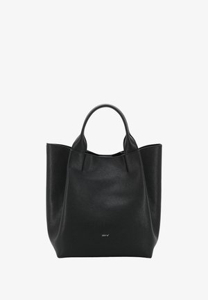 Black leather tote bag with dual handles, soft texture, wide opening, and logo detail on the front. Minimalist design with no visible hardware.