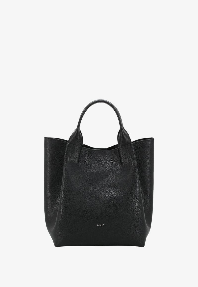 Sac fourre-tout en cuir noir avec double anses, texture douce, large ouverture et détail de logo sur le devant. Design minimaliste sans quincaillerie visible.
