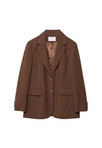 Brun blazer lavet af glat stof, med en notch-lapel, to frontlommer og to knapper. Indvendig foret er i en lysere brun.