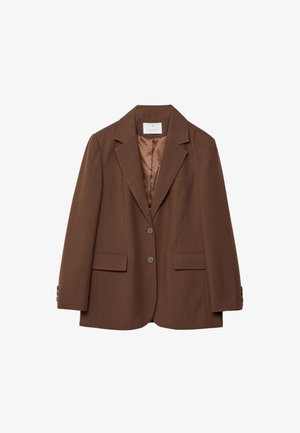 Blazer marrone realizzato in tessuto liscio, con rever a punta, due tasche frontali e due bottoni. Fodera interna di un marrone più chiaro.