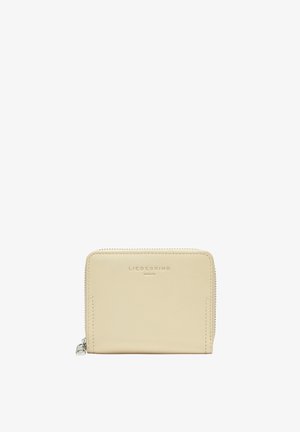 Beige Ledergeldbörse mit strukturierter Oberfläche, Reißverschluss und geprägtem "LIEBESKIND BERLIN"-Logo auf der Vorderseite. Kompakt rechteckiges Design.