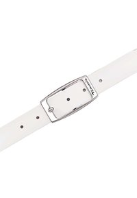 Ceinture en cuir blanc avec une boucle rectangulaire en argent, trois trous d'ajustement visibles, et "tomaris" gravé sur le cadre de la boucle.