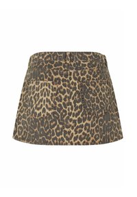 Leopardprint denim miniskirt met een strakke taille, twee achterzakken en een licht uitlopende zoom. Textuur met zichtbare naden.