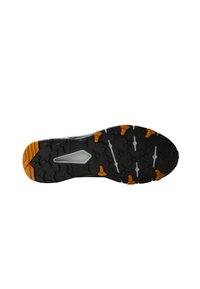 Black rubber outsole with orange and white accents, featuring a textured grip pattern and a distinctively shaped midsole.