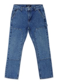 Siniset farkut suoralla leikkauksella, joissa on vahvistetut tikkaukset reiden kohdalla ja useita taskuja. Klassinen viiden taskun malli.