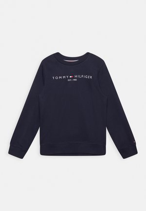 Sudadera azul marino de algodón, con cuello redondo, mangas largas y un estampado de logo en la parte delantera en texto blanco y rojo.