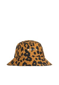 Hnedý klobúk s krempou so čiernym leopardím vzorom, s flexibilnou krempou a logom "ROXY" v bielej farbe na prednej strane. Vyrobený z mäkkej, štruktúrovanej tkaniny.