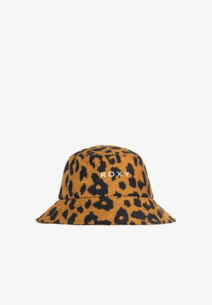 Brown bucket hat with black leopard print, featuring a flexible brim and "ROXY" logo in white on the front. Made of soft, textured fabric.