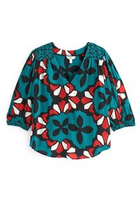 Blusa floreale color turchese, rossa e nera con maniche a sbuffo, scollatura a V e dettagli ricamati sulle spalle. Tessuto leggero e con motivo.