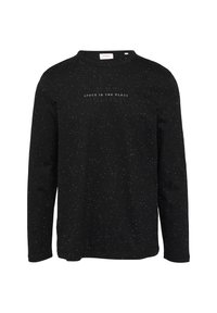 Schwarzes Langarm-T-Shirt mit einem gesprenkelt-muster, das erhabenen Text "SPACE IS THE PLACE" auf der Brust hat. Rundhalsausschnitt.