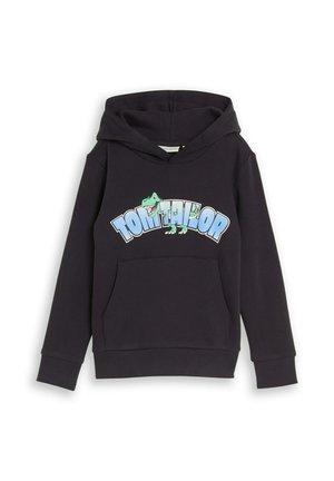Schwarzer Hoodie mit einer Fronttasche mit einem blauen "Tom Tailor"-Logo und einem grünen Cartoon-Dinosaurier, der in den Text integriert ist.