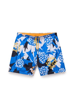 Blaue Blumenbadehosen mit weißen, schwarzen und gelben Akzenten. Hergestellt aus leichtem Material mit elastischem Bund und verstellbarem Kordelzug.