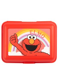 Red rectangular lunchbox featuring Elmo with a rainbow background and clouds, printed on a smooth plastic surface. Includes a secure closure.