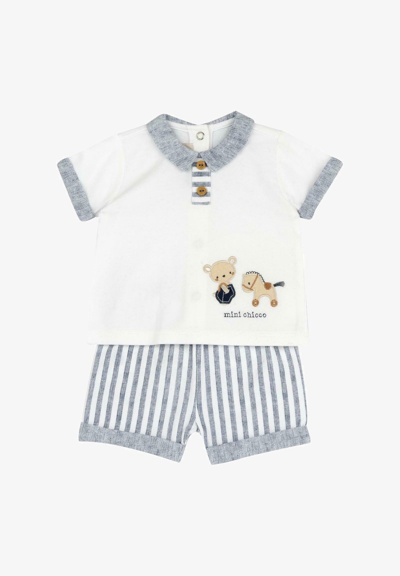 Ensemble en coton composé d'un haut à manches courtes blanc avec un col bleu et d'un short à rayures, orné d'une broderie d'ours et de cheval.