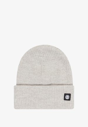 Grijze gebreide beanie met een omgeslagen rand en een klein zwart logo-opdruk. Gemaakt van zachte stof, met een textuur gebreid patroon.