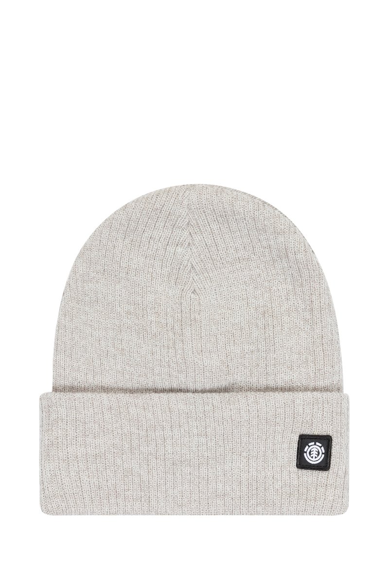 Gray knit beanie with a folded cuff and a small black logo patch. Made from soft fabric, featuring a textured stitch pattern.