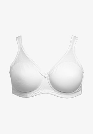 White bra featuring molded cups, adjustable straps, and a center bow detail. Smooth fabric with a seamless design and subtle texture.
