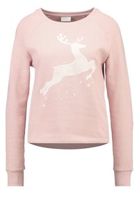 Sudadera rosa de manga larga, con un gráfico de reno blanco y acentos de estrellas. Tejido suave y texturizado con un cuello redondeado.