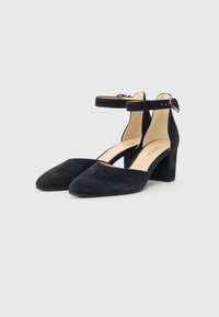 Navy zils zamšādas augstpapēžu kurpes ar smailu purngalu un potītes siksniņu, ar bloka papēdi un gludu ādas zolīti.