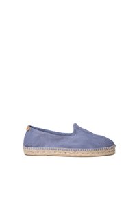 Espadrillas blu in tela con finitura texture, design slip-on e suola in juta intrecciata. Presentano un piccolo dettaglio in pelle sul tallone.