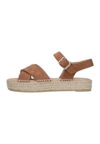Brown suede espadrille sandal with crisscross straps, adjustable ankle buckle, and woven jute platform sole. Flat rubber outsole.