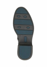 Suola di scarpa nera con una tenuta in gomma blu testurizzata, caratterizzata da quattro cuscinetti di presa circolari e scanalature orizzontali per aderenza e flessibilità.