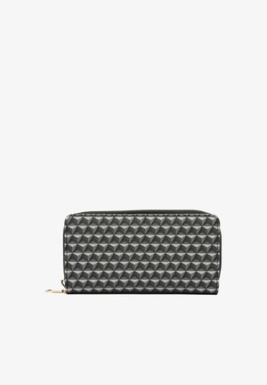 Textured black wallet with a geometric pattern, featuring a zip closure and a gold-tone zipper pull. Rectangular shape and durable material.