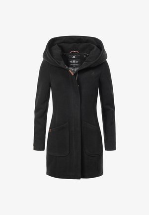 Abrigo largo negro con capucha, hecho de tejido suave. Presenta dos bolsillos frontales y un forro interior con estampado. Textura suave y diseño limpio.