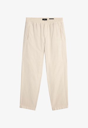Beżowe spodnie wykonane z lekkiego materiału, z elastycznym paskiem w talii, dwoma bocznymi kieszeniami oraz luźnym krojem prostym.