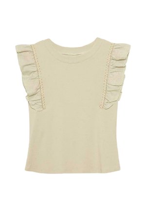 Top beige pálido con mangas cortas y volantes, que presenta delicados adornos bordados a lo largo de las mangas. Material de algodón suave, escote redondo.