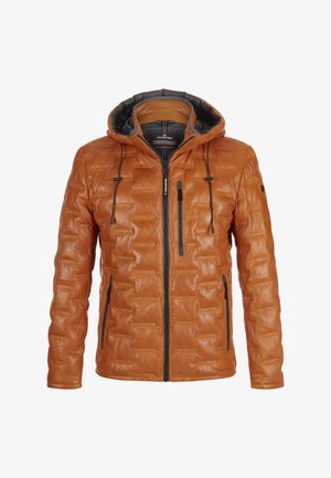 Gepolsterte, orange Lederjacke mit Kapuze, schwarzen Akzenten, einem Frontreißverschluss und zwei Seitentaschen. Strukturierte Oberflächendetails.
