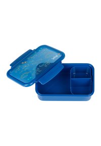 Lunch box di plastica blu con un coperchio illustrato con dinosauri e un interno diviso in scomparti separati per il cibo. Texture liscia, forma rettangolare.