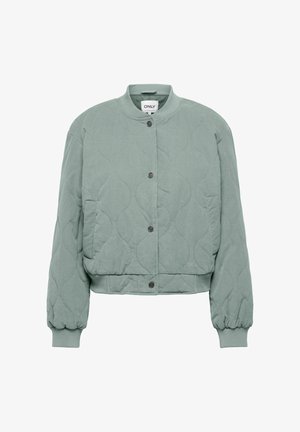 Prigludinta bombistinė striukė švelnios šalavijų žalios spalvos, turinti apvalų kaklo iškirpimą, priekinį užsegimą mygtukais ir apsiūtas rankogalius. Nėra matomų raštų ar akcentų.