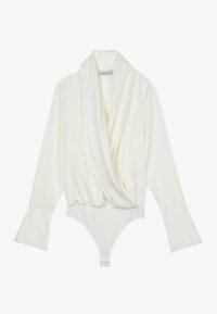 Weißer Langarm-Body mit drapiertem Frontdesign und ausgestellten Bündchen aus glattem Material. Verfügt über einen Druckknopfverschluss am unteren Ende.