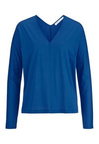 Blå långärmad V-ringad tröja med en mittsöm fram och rak fåll.