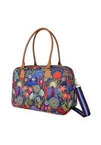 Tas met bloemendessin op een marineblauwe basis, met tan leren handvatten en een afneembare schouderriem. Kenmerkt zich door kleurrijke borduursels en een gestructureerd rechthoekig ontwerp.