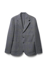 Blazer a scacchi in toni di blu e grigio, con revers a punta, due bottoni e spalline per la struttura. Tessuto testurizzato con motivo visibile.