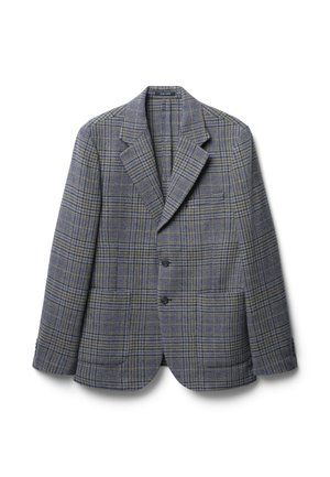 Blazer à carreaux dans des tons de bleu et de gris, avec un revers cranté, deux boutons et des épaules structurées. Tissu texturé avec un motif visible.