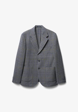 Karierte Blazer in Blau- und Grautönen, mit Reverskragen, zwei Knöpfen und Schulterpolstern für Struktur. Strukturierter Stoff mit sichtbarem Muster.