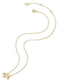 Zelta ķēdes kaklarota ar zieda piekariņu, kas sastāv no trim ziedlapām, ar smalku dizainu un drošu omāro aizdari.