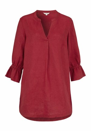 Rode blouse met lange mouwen, een gespleten halslijn en gerimpelde manchetten, gemaakt van lichtgewicht stof, met een losse pasvorm en een ronde zoom.