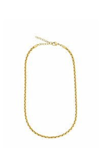 Gouden ketting met een schakelsluiting, voorzien van interlocking schakels, een gladde textuur en een verstelbare sluiting met een kort verlengkettinkje.