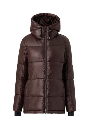 Brown padded winter jacket with high collar, hood, front zipper, and quilted stitching on sleeves and body.