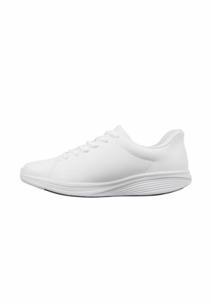 White athletic shoes with a smooth synthetic upper, rounded toe, and flexible textured sole. Features six eyelets for laces and a low profile design.