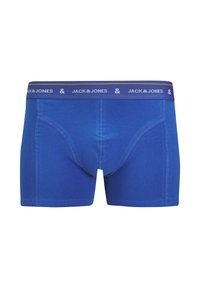 Boxer en coton bleu avec une ceinture contrastante arborant le logo "JACK & JONES" en blanc et jaune. Texture lisse, coupe ajustée.